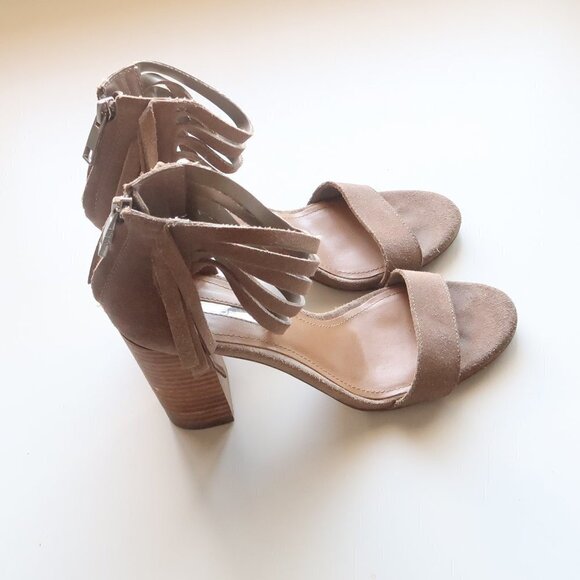 BCBGeneration Cydney Fringe Trimmed Taupe Suede Sandals Block Heels Women Size 6 - Picture 5 of 16